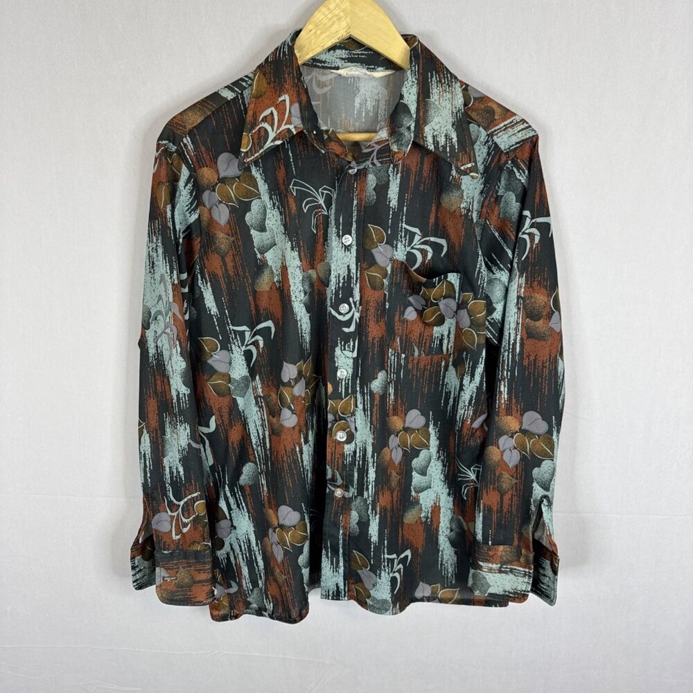 Vintage 70s Sears Disco Shirt Brown Blue Abstract Floral Long Collar Men‎ 16.5 L